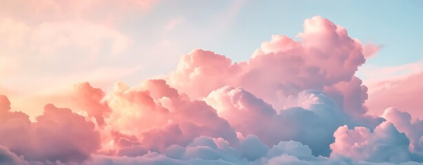 Panoramic image of fluffy clouds illuminated by sunset, portraying a beautiful gradient of pink and blue hues in the serene sky, perfect for backgrounds or tranquil themed designs