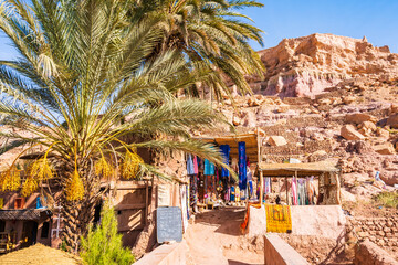 Restaurant and shop with traditional Moroccan souvenirs for sale in Ksar Ait Ben Haddou, old Berber...