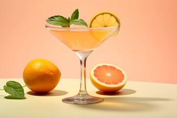Fototapeta premium Refreshing lemon cocktail with rosemary garnish served in a martini glass.