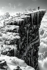 A man standing on top of a cliff with icicles hanging from it, AI