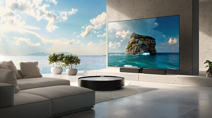 A high-quality, photo-realistic rendering of a luxury interior design, displayed on a sleek monitor, showcasing depth and realism.