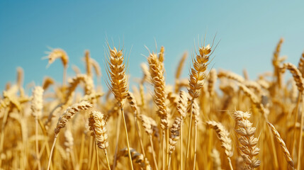 Fototapeta premium A field of golden wheat with a clear blue sky in the background. The wheat is tall and plentiful, creating a sense of abundance and growth. A bountiful wheat field, pure clear sky