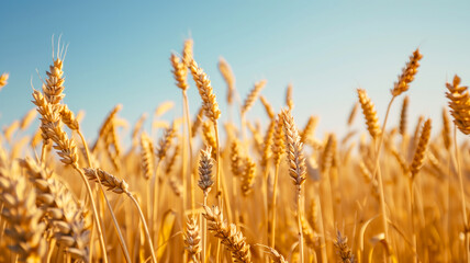 Obraz premium A field of golden wheat with a clear blue sky in the background. The wheat is tall and plentiful, creating a sense of abundance and growth. A bountiful wheat field, pure clear sky