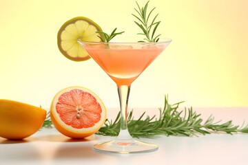 Fototapeta premium Refreshing lemon cocktail with rosemary garnish served in a martini glass.