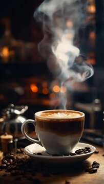 Coffee cup with freshly brewed coffee on an old vintage table. Steam rises from the cup.
