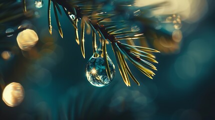 A macro shot of a water droplet suspended on the tip of a pine needle, reflecting the world upside...