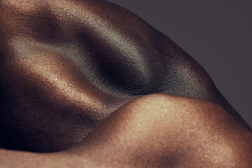 Muscle, skin and shoulder of black man with fitness, art and bodybuilder on studio background....