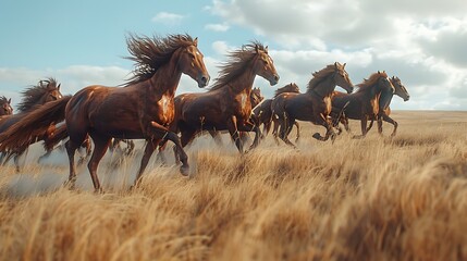A pack of wild horses running free across an open plain, their manes and tails flowing in the wind.