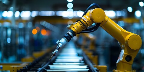 Robotic Arm in Factory Setting Showcasing Automation and Technology. Concept Robotics, Factory Setting, Automation, Technology, Industrial Innovation