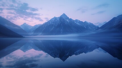 A perfectly symmetrical reflection of a majestic mountain range on the mirror-like surface of a lake at dawn.