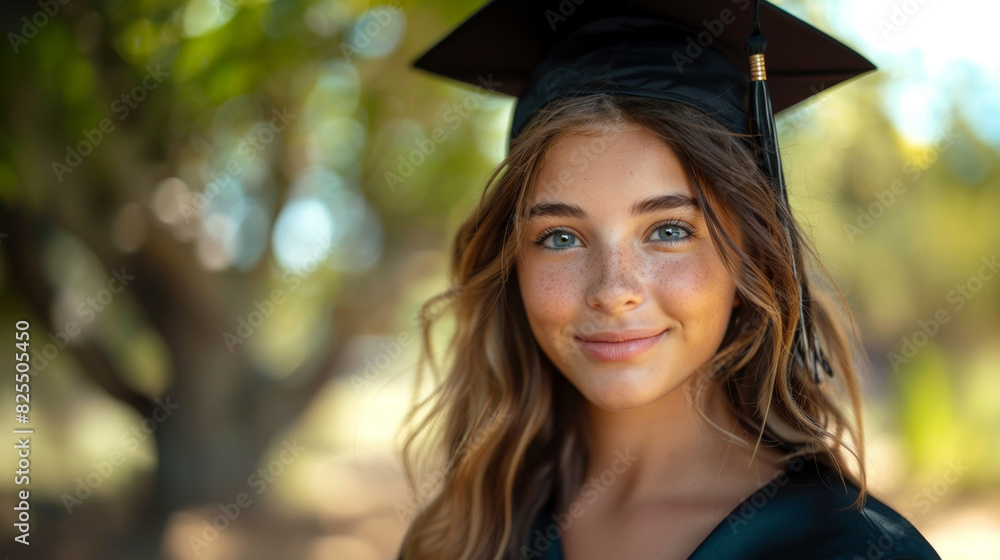 Wall mural Smiling young woman in graduation cap and gown, standing outdoors with a natural background, radiating joy and pride - Wall murals
