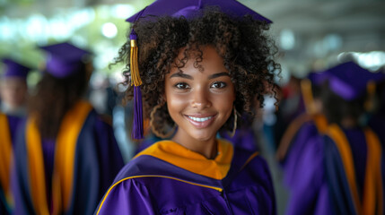 Smiling young woman in purple graduation cap and gown with yellow accents, surrounded by fellow graduates, radiating joy and pride