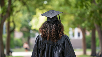Young woman in a black graduation cap and gown walking away, with curly hair, on a tree-lined campus path, symbolizing a journey towards a bright future