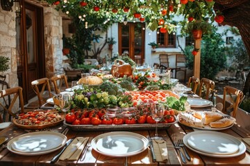 Una festividad tradicional de Pascua griega en la mesa del comedor, en una casa tradicional griega en el jardín, bajo el cálido sol primaveral.






