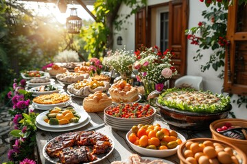 Una festividad tradicional de Pascua griega en la mesa del comedor, en una casa tradicional griega en el jardín, bajo el cálido sol primaveral.






