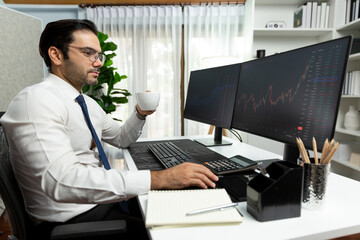 Smart trader businessman analyzing in two dynamic stock exchange investment screen on pc with...