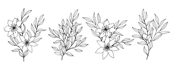 Obraz premium vector contour branch and leaves compositions. Elegant branches for decoration. hand drawing monochrome botanical illustration for backgrounds. Template for wedding cards and polygraph, logo, tattoo.