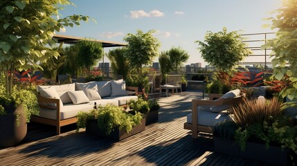 A photo of a rooftop terrace with seating and greenery