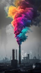 Una fábrica con chimeneas que liberan un espectro de humo colorido, formando un arco iris sobre un distrito industrial en escala de grises, vista lejana, monocromo con acentos de color, estilo retro, 