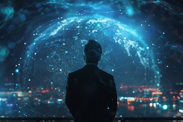 A man is looking at a computer screen with a globe in the background