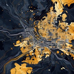 a painting of map a city with a lot of yellow and blue lines