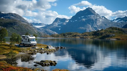 Naklejka premium Parked modern Rv camping on beautiful mountain panoramic nature. Holiday trip in motorhome.
