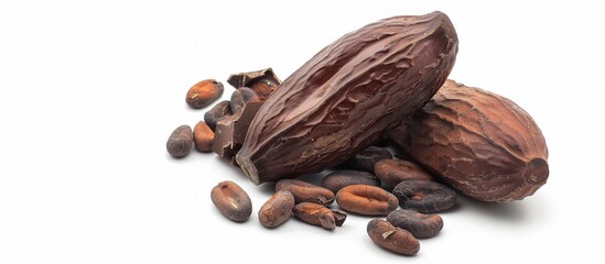 Obraz premium Cocoa beans with cocoa pod isolated on white background