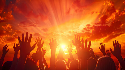Hands to heaven, group of people with their hands up looking at the sunset realistic hyperrealistic