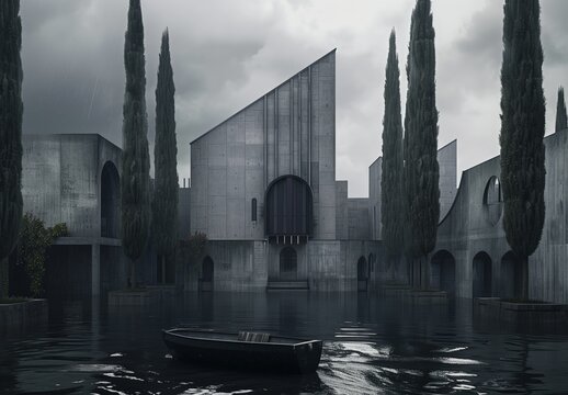Realistic outdoor black and white photograph of a lake with a stark, brutalist concrete building in the background surrounded by Italian cypress trees. From the series �Abstract Architecture.�