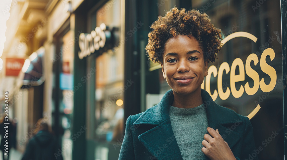 Wall mural A woman with curly hair stands in front of a store window that says 