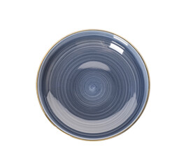 Blue ceramic plate on white background. Top view