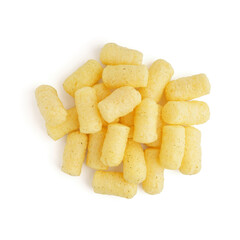 Heap of tasty salty corn sticks on white background