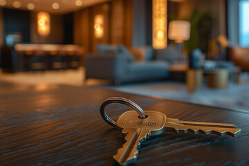 Closeup of House Keys on Dark Wooden Table in Luxurious Modern Living Room, Blurred Background, Cozy Home Interior
