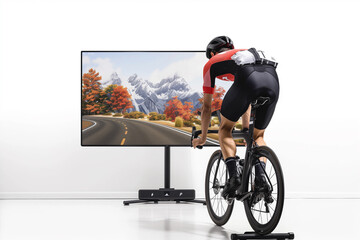 Man Riding Bike in Front of Flat Screen TV