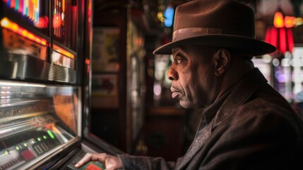 Fototapeta premium A man leans against the jukebox his fedora hat tilted to the side as he listens to the smooth jazz classics serenading the bar.