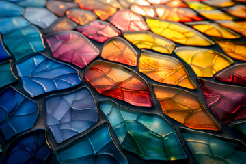 Detailed mosaic of colorful glass tiles in a geometric pattern. Vivid glass art featuring a kaleidoscope of colors and shapes. Artistic glass tiles arranged in a seamless colorful design.