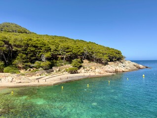 Cala Aiguafreda, wonderful bay with turquoise colored water of the Mediterranean Sea between Sa...