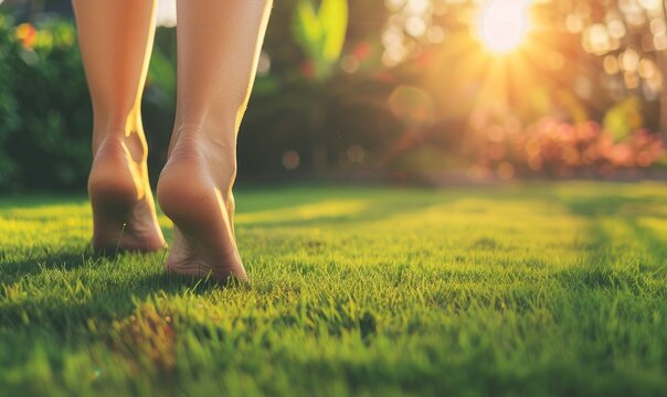 Barefoot woman's feet walking on garden green grass in the park. Sunlight and nature background