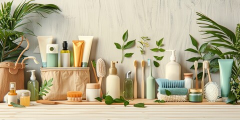 Collection of eco-friendly products including bamboo toothbrushes, natural brushes, and various...