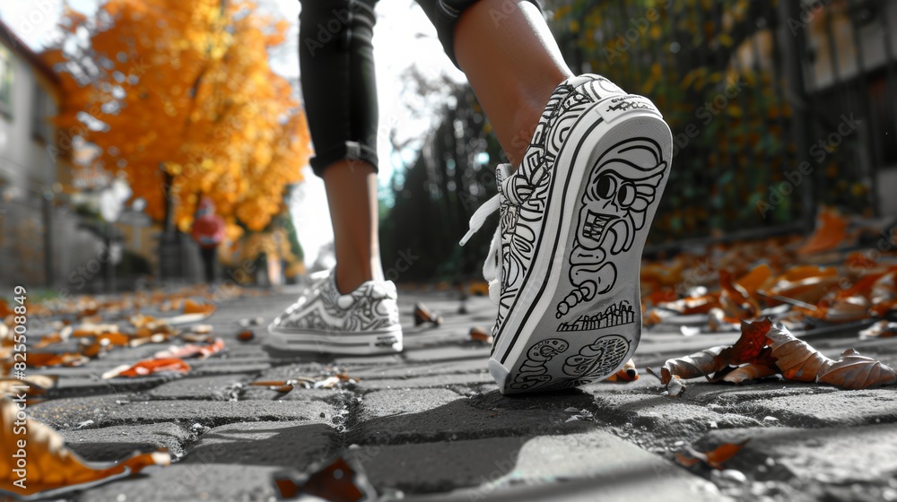 Canvas Prints A person walking on a brick walkway with leaves and autumn colors, AI