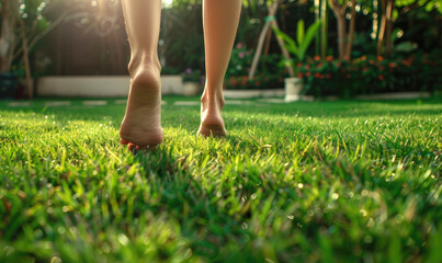 Barefoot woman's feet walking on garden green grass in the park. Sunlight and nature background