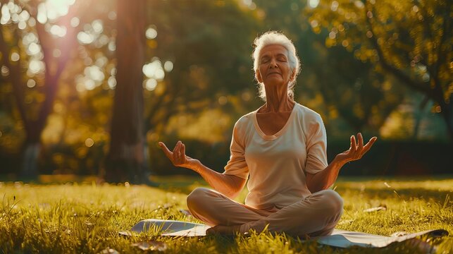 Healthy older woman practicing yoga in a serene park, surrounded by nature, vibrant and detailed, highresolution