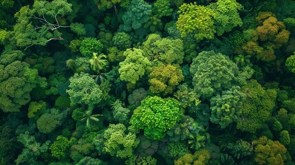 Lush green forest canopy with diverse tree species, vibrant colors and intricate details, visually stunning