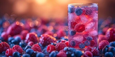Refreshing mixed berry sparkling water with raspberries and blueberries on a vibrant background