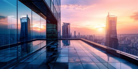 Skyscrapers and rooftop reflections of modern city buildings at sunset