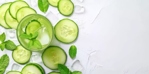 Refreshing cucumber water with mint and ice cubes on a white background with sliced cucumbers and mint leaves