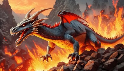 A dragon emerging from its fiery lair, AI generated