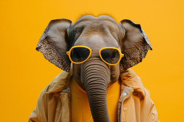 A small elephant wearing sunglasses and a yellow and red shirt