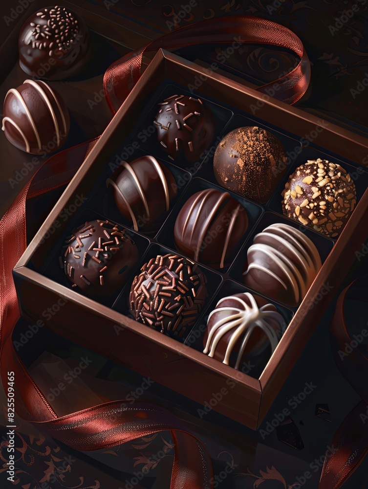 Poster an elegant box of chocolate truffles adorned with a vibrant red ribbon, showcasing rich dark colors 