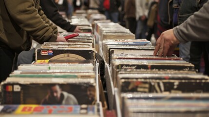 At a record swap meet collectors display their treasured vinyl albums and swap stories of their...